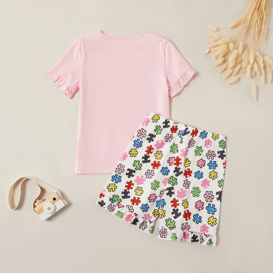 Casual Cartoon Geo Top and Allover Shorts Set